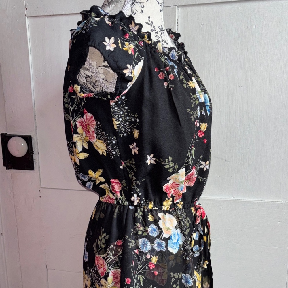 BeBop Black Floral Off Shoulder Ruffle High Low Jumpsuit Size Jr Medium - Picture 3 of 10